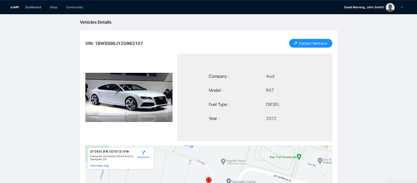 Screenshot of crAPI dashboard with vehicle